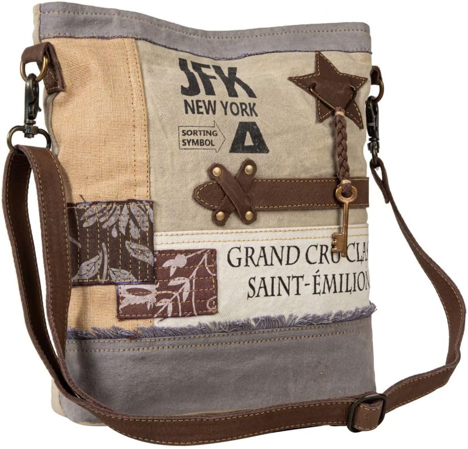 Myra Bag Shoulder Bag for Women - Western Upcycled Canvas & Leather Beige - Image 2
