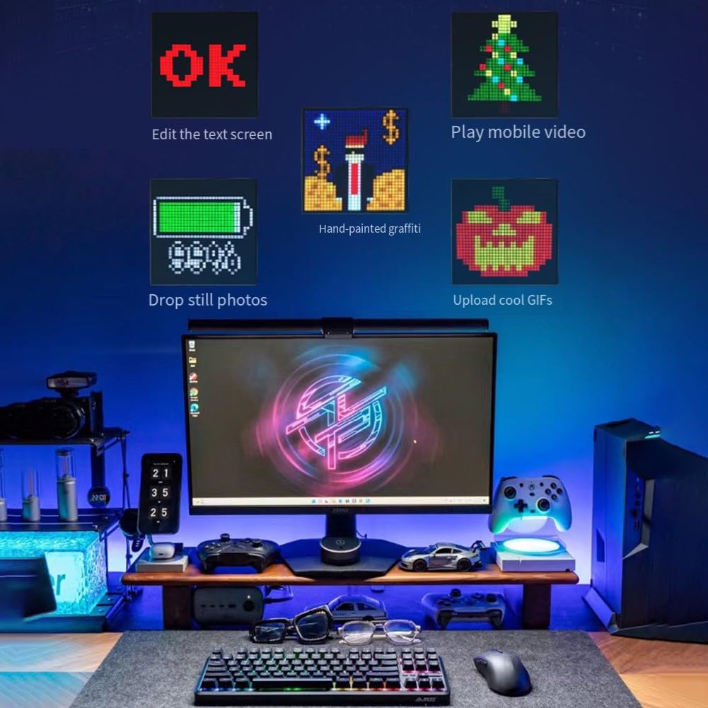 Pixel Art - Display digitale a LED programmabile per decorazione casa e gioco, 32 x 32 cm, con schermo LED vibrante, funzionalità fai da te, orologio integrato, cavo auricolare nero
