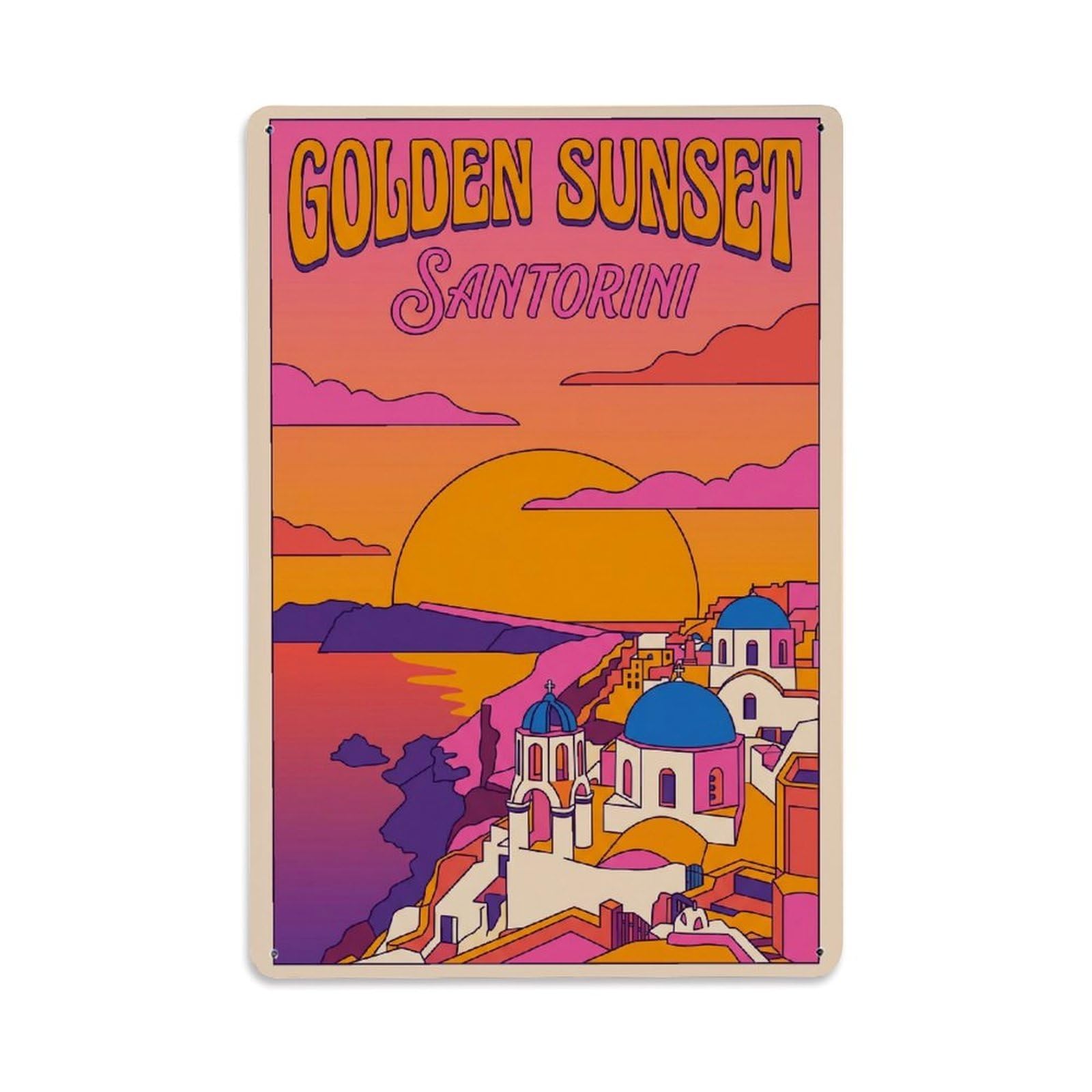 Gead 8X12inch Style Vintage Travel Santorini Golden Sunset Metal Tin Sign