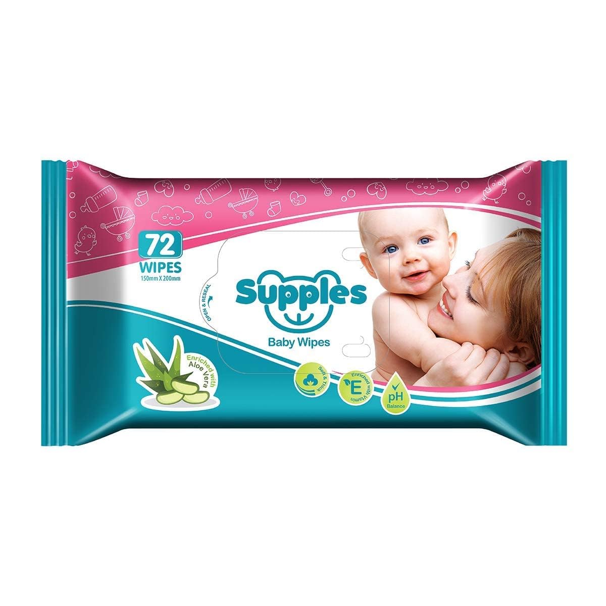 amazon brand - supples baby wipes | 864 wipes | 72 wipes x 36 packs | enriched with aloe vera and vitamin e | alcohol-free and paraben-free | pure water-based formulation