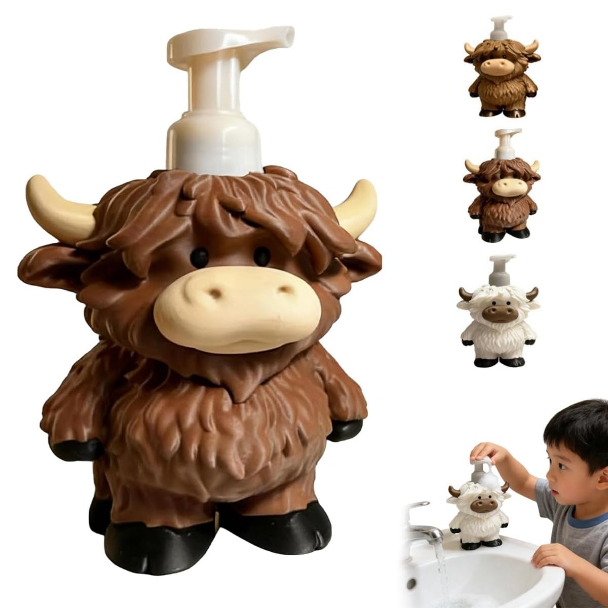Highland Cow Soap Dispenser, Adorable Cutest Design, Refillable Cute Farmhouse Cow Soap Bottle Holder for Hand Soaps Shower Gel, 3D Print Liquid Soaps Dispenser Organizer for Bathroom Kitchen (C)
