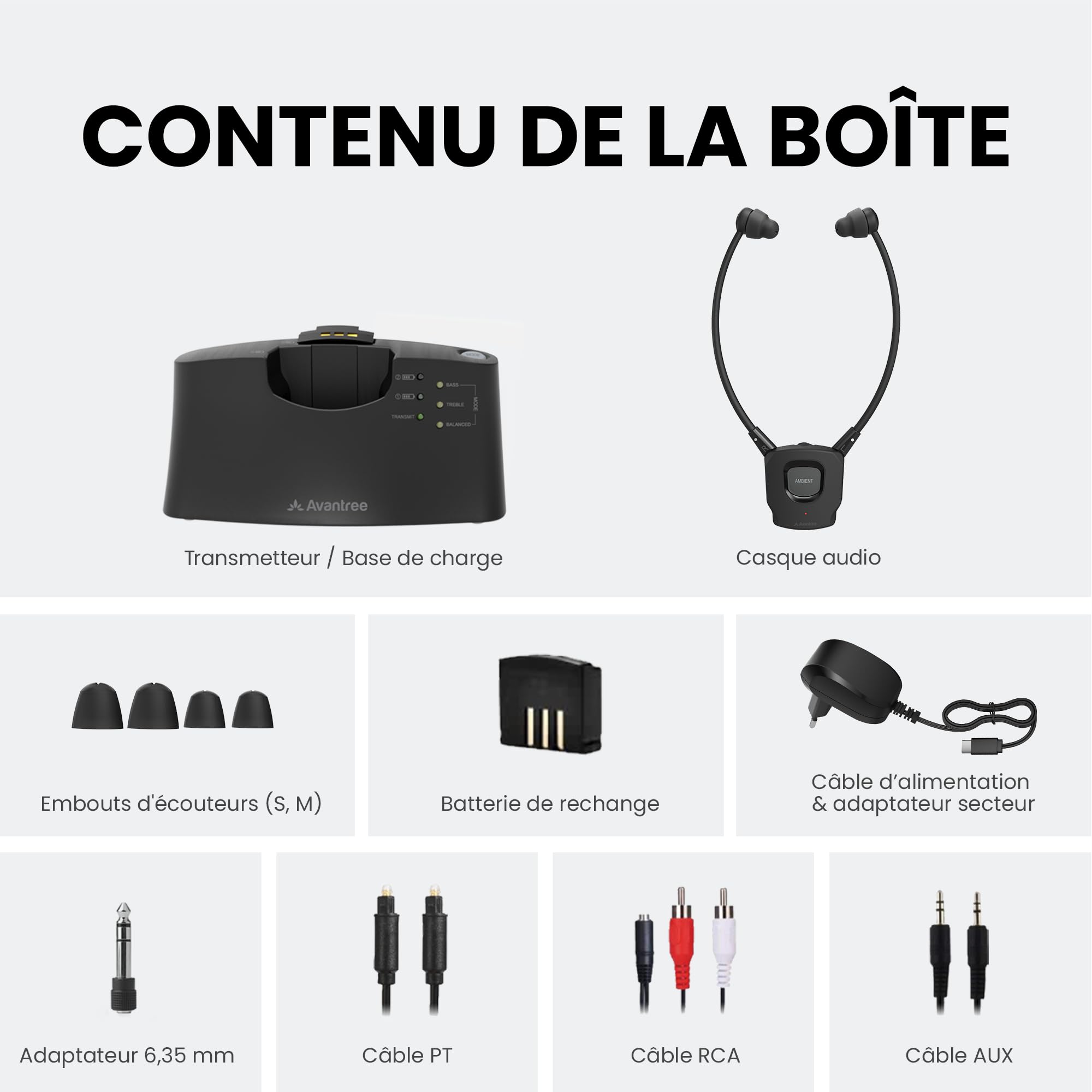 Avantree HT381- Casque TV sans Fil avec émetteur RF, Contrôle du Volume de Balance G/D, Écouteurs de Volume Amélioré pour Personnes âgées, Compatible avec Télévision avec Sortie Audio Optique ou AUX