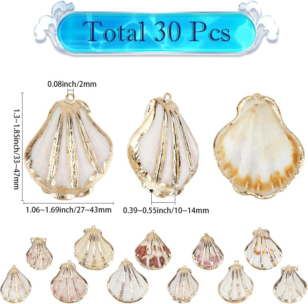 SUNNYCLUE 1 Box 30pcs Sea Shell Crafts Charms Gold Shell Charms Electroplated Summer Ocean Sea Light Gold Seashell Crafts Pendants Connectors for Jewelry Making Birthday Wedding Women Crafting DIY