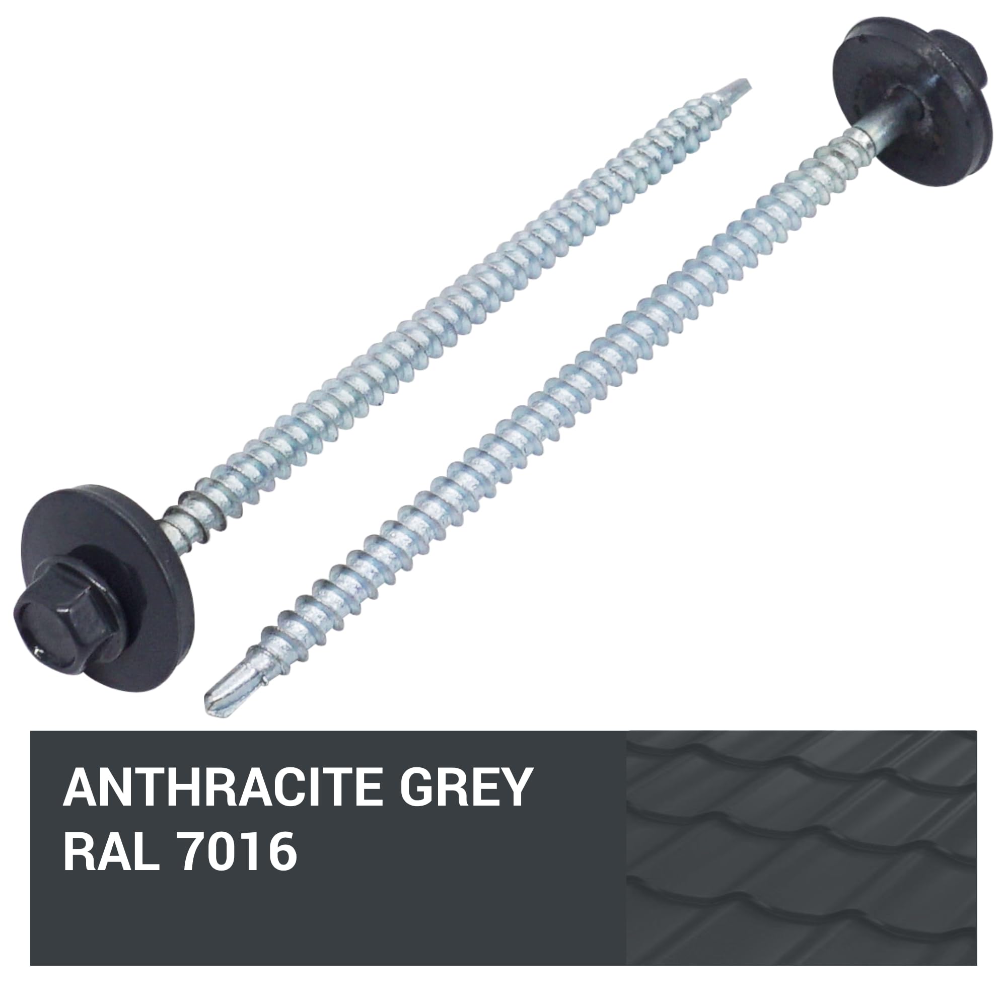 SKIR'CO (100 pcs) Painted Roofing Screws 4.8 x 100 mm, Hex Head, Self-Drilling Screws With EPDM Washers (Anthracite Grey, RAL 7016) - Image 4