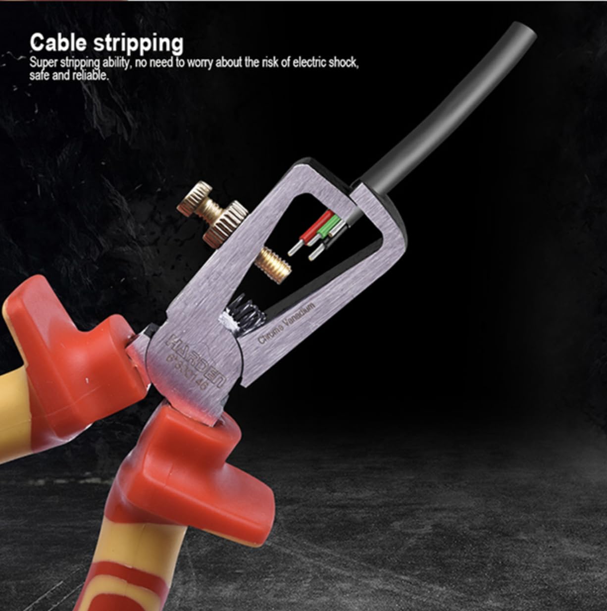 Edward Tools Alicates pelacables aislados VDE de 6 pulgadas – Pelacables tipo extremo de 1000 voltios – Diámetro fácil de ajustar – Acero CRV Heady Duty con acabado negro – Asas Ergo Grip