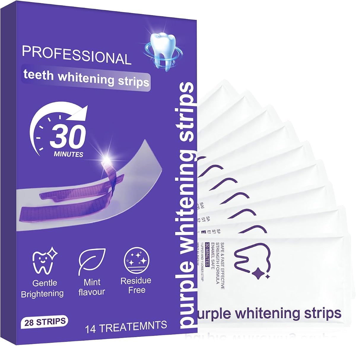 Purple Teeth Whitening Strips for Sensitive Teeth, Enamel Safe Whitening Strips to Remove Coffee Wine Smoking Stains, Non Slip Teeth Whitening Kit with Low Sensitivity Formula 14 Treatments