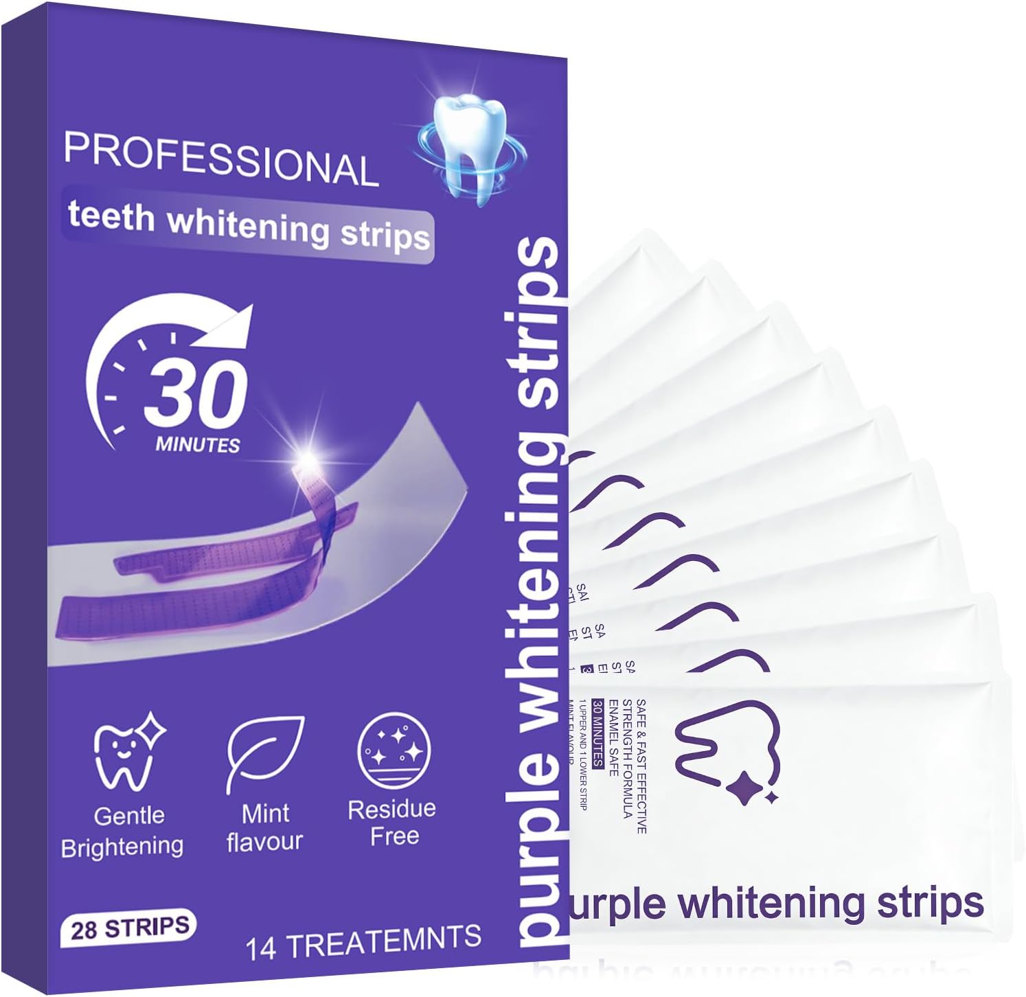 Purple Teeth Whitening Strips for Sensitive Teeth, Enamel Safe Whitening Strips to Remove Coffee Wine Smoking Stains, Non Slip Teeth Whitening Kit with Low Sensitivity Formula 14 Treatments