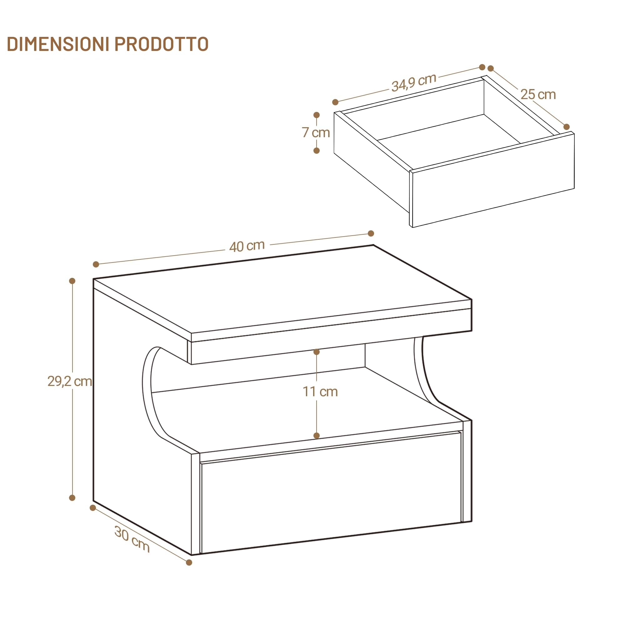 Hzuaneri Comodino Sospeso Set di 2, 1 Cassetto con Guide, Spazio Aperto a Forma di U, Moderno, per Camera da Letto Soggiorno, 30 x 40 x 29,2 cm, Bianco NS50203X