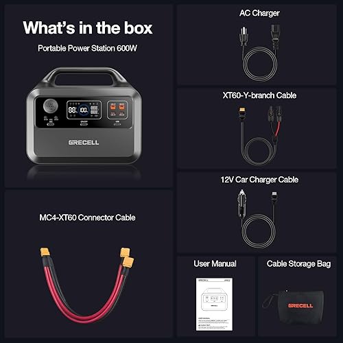 Miniatura 8 de GRECELL Estación de energía portátil de 600 W (pico 1200 W), batería LiFePO4 de 460 Wh, carga rápida de 1.5 horas, salida de CA de onda sinusoidal