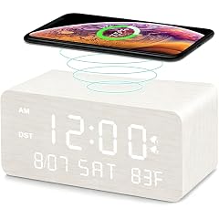 Andoolex Wooden Digital Alarm Clock with Wireless Charging, 0 100 % Adjustable Brightness Dimmer