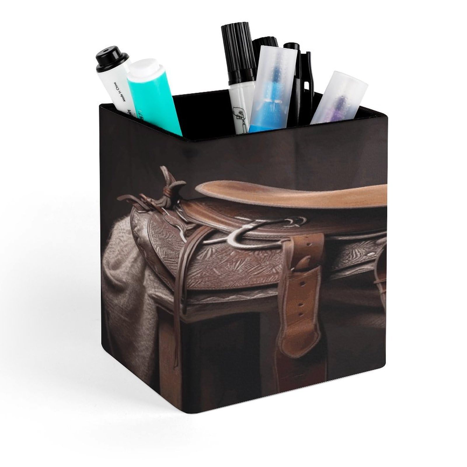 Horse Saddle with A Cowboy Hat Wild Pen Holder for Desk Minimalist Leather Pencil Holder Fashion Modern Pencil Cup Decorative Square Pen Cup Locker Organizer for Office Work Locker Accessories