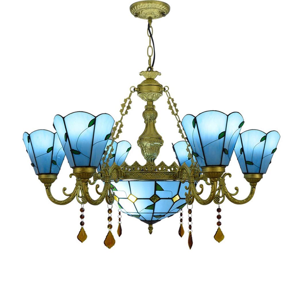 YNIYUJKL Modern Blue Mediterranean Large Many-Arm Chandelier, Tiffany-Style Crystal Ceiling Lights Stained Glass Pendant Lights Fixture For Dining Room, Living Room, Hallway