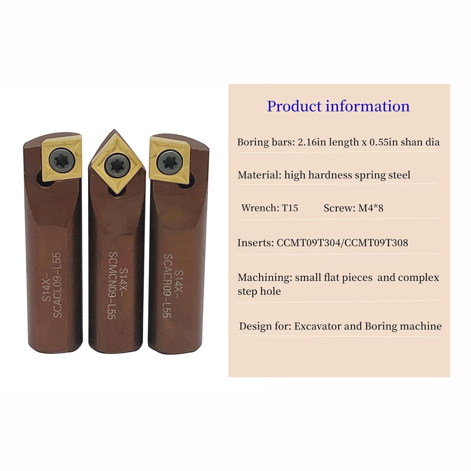 1/2 Metal Lather Turning Tool Holder Boring bar with CCMT32.51 CCMT09T304 Carbide Turning Inserts for Excavator and Boring Machine (S14X-SCACL/R/N09-L55+CCMT09T304)