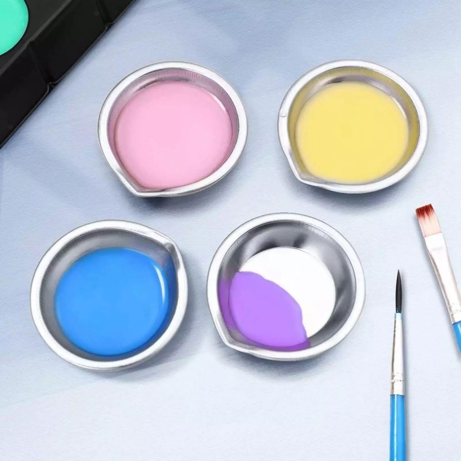 6 PCS Stainless Steel Painting Color Palettes, with Mouth 2 Inch Painting Trays Makeup Palettes Watercolor Small Round Mixing Palettes Paint Tray, Pigment Mixing Cups for Art Craft