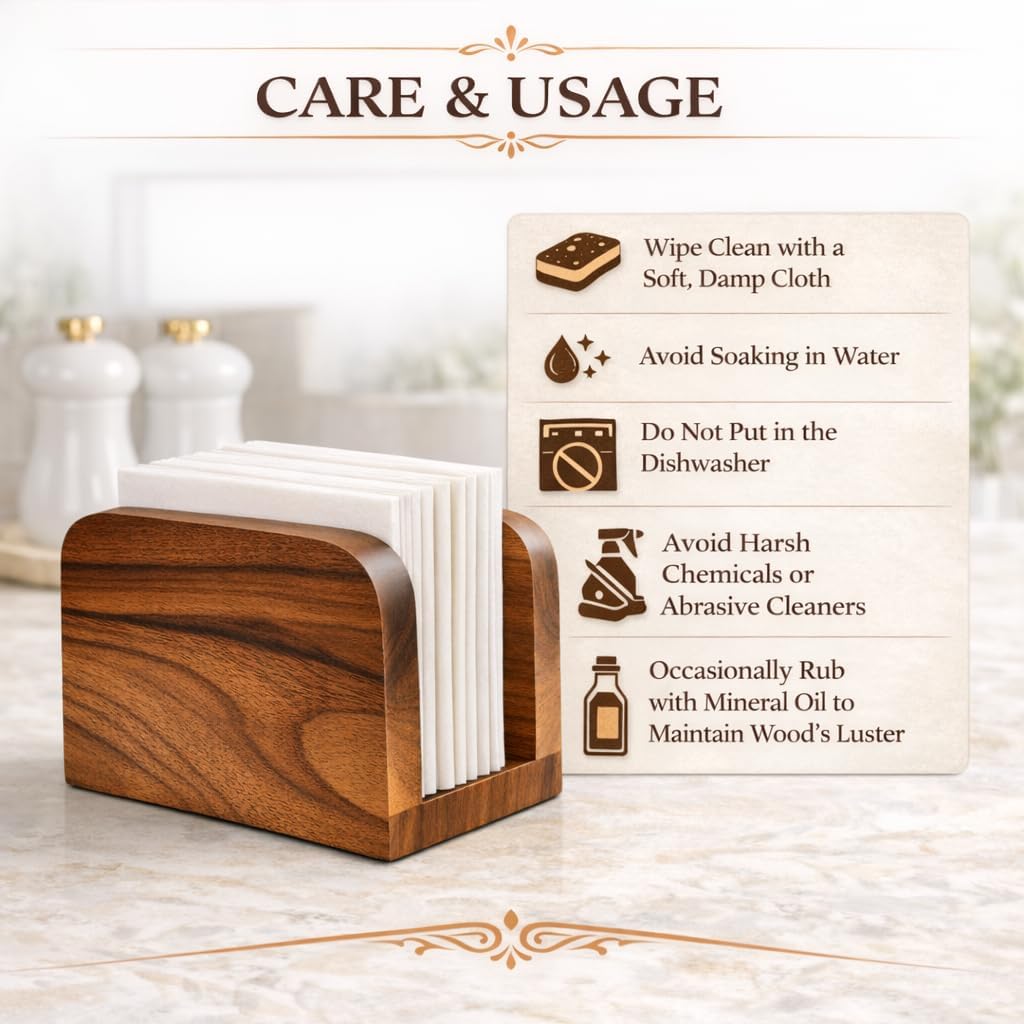 Acacia Wood Napkin Holder – Rustic Wooden Napkin Organizer for Kitchen, Dining Table, Picnic, Coffee Bar – Farmhouse Tabletop Dispenser for Square Paper Napkins
