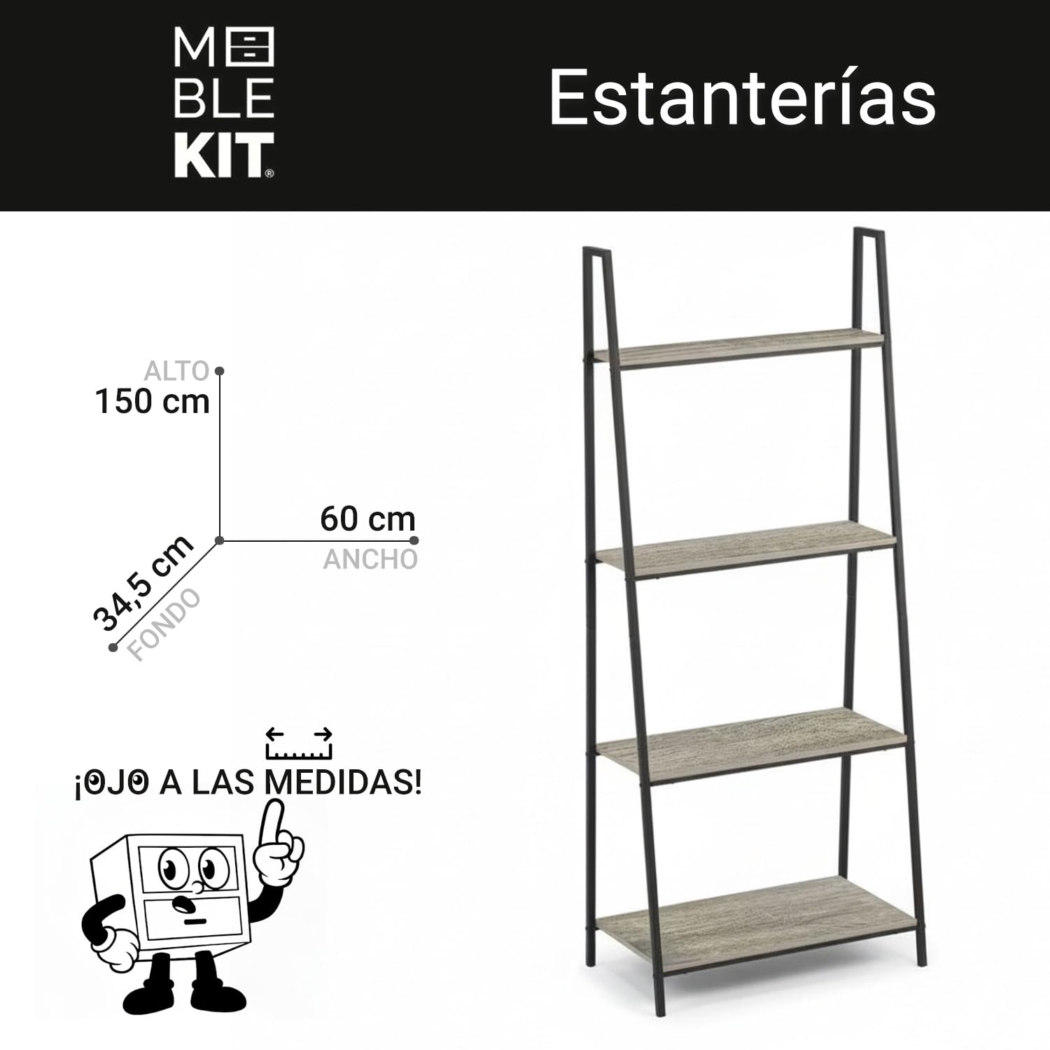 INDE MOBLEKIT | Estantería de Madera y Metal Negro 4 Niveles 60×34.5×150 cm, Librería Moderna con Baldas para Libros, Estantería Almacenaje Hogar y Decoración, Acabado Mate Fácil Montaje