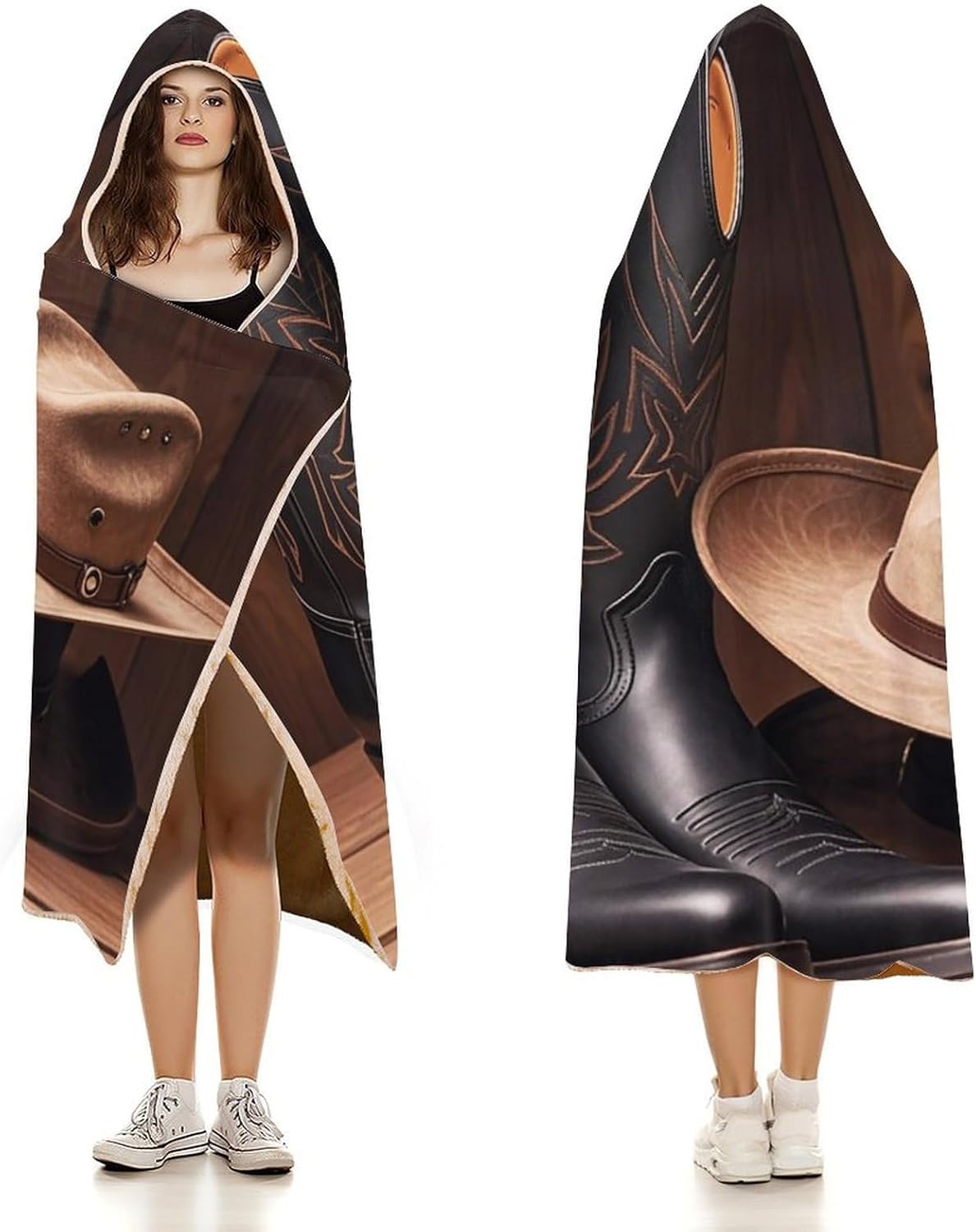 Cowboy Black Hat Western Boots Wearable Fleece Blanket with Hood for Men & Women Oversized Hoodie Blanket Soft Cozy Gift-