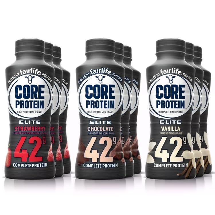 PRIME ODYSSEY Fairlfe Core Protein Elite 42g High Protein Shake Variety 9 Pack | Strawberry | Chocolate | Vanilla