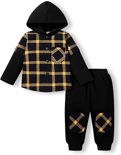 Miniatura 8 de Conjunto de ropa con capucha para niños pequeños conjunto de camisa de franela a cuadros para otoño invierno y primavera
