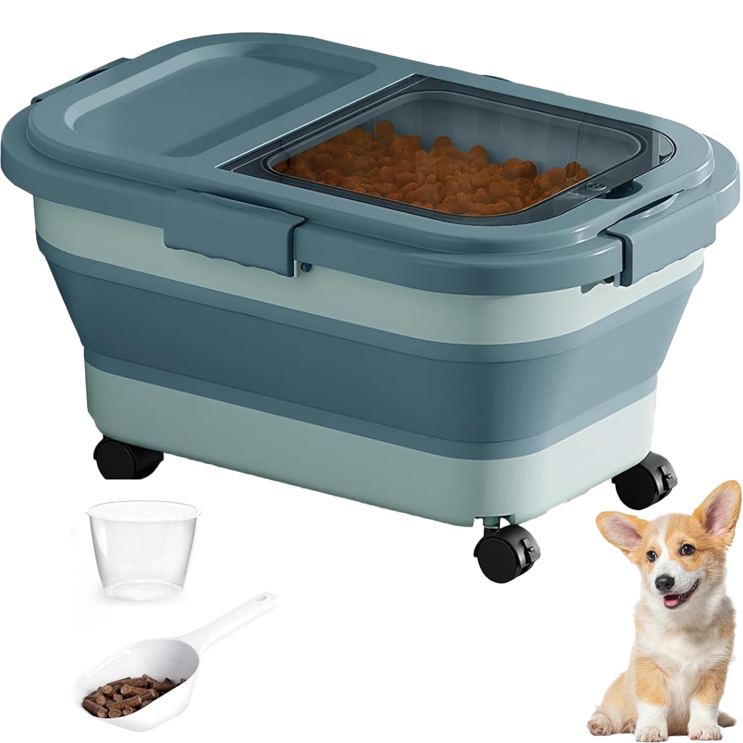 Zhuiyiwin Green Pet Food Storage Container For Dogs/Cats, Airtight Folding Dog Food Bin With Wheels,Handle, Cat Food Container With Lid And Measuring Cup Scoop (Green)
