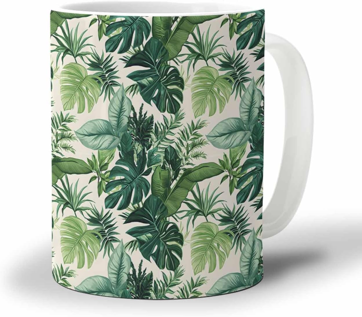 BEMIGO Ceramic Coffee Mug Tropical Leaf Ceramic Mug White Cup, Green Insulated Coffee Cup with Handle with Pattern Perfect for Tea and Hot Beverages, 12oz