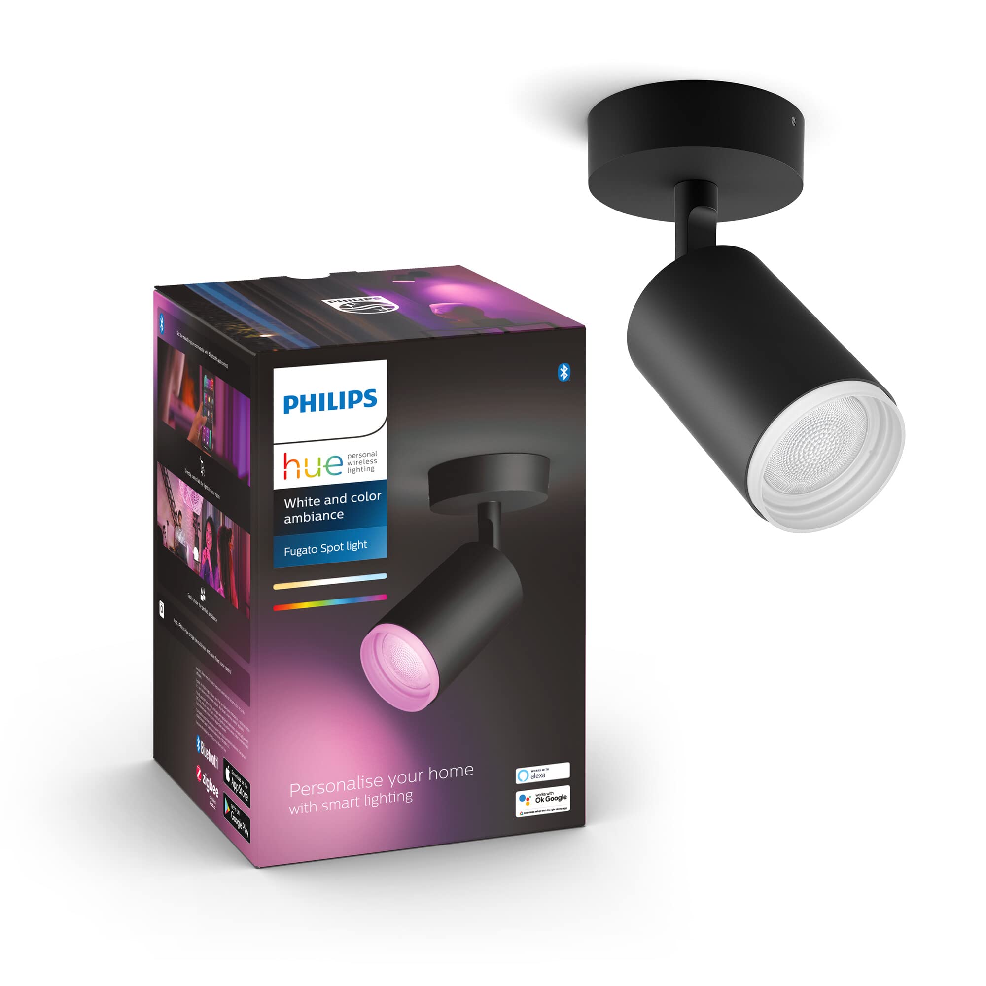 Philips Hue White and color ambiance Bluetooth 1 lampa punktowa Fugato, LED GU10, czarna, ściemniana, 16 mln kolorów, sterowanie za pomocą aplikacji, kompatybilna z Amazon Alexa (Echo, Echo Dot)