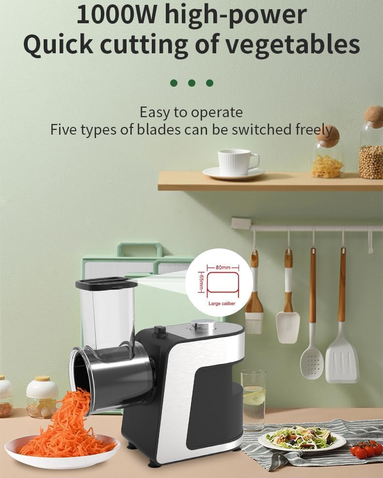 Râpe électrique avec 5 cônes interchangeables pour couper sans effort les légumes et les fruits