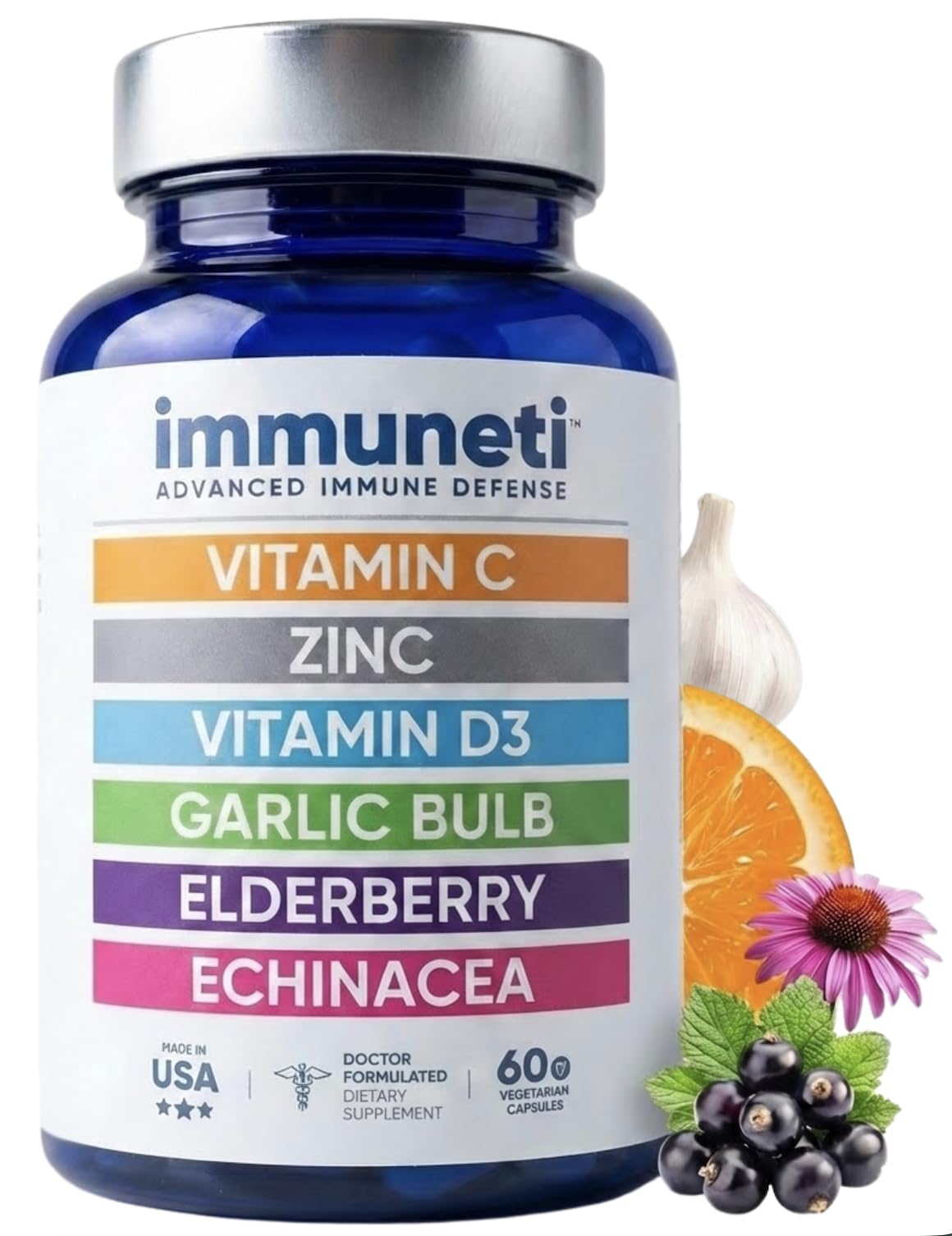 Immuneti Advanced Immune Support – Doctor Formulated 6-in-1 Daily Immunity Supplement – Made in USA – With Vitamin C, D3, Zinc, Elderberry, Garlic & Echinacea - Vital Nutrients & Antioxidants (1)
