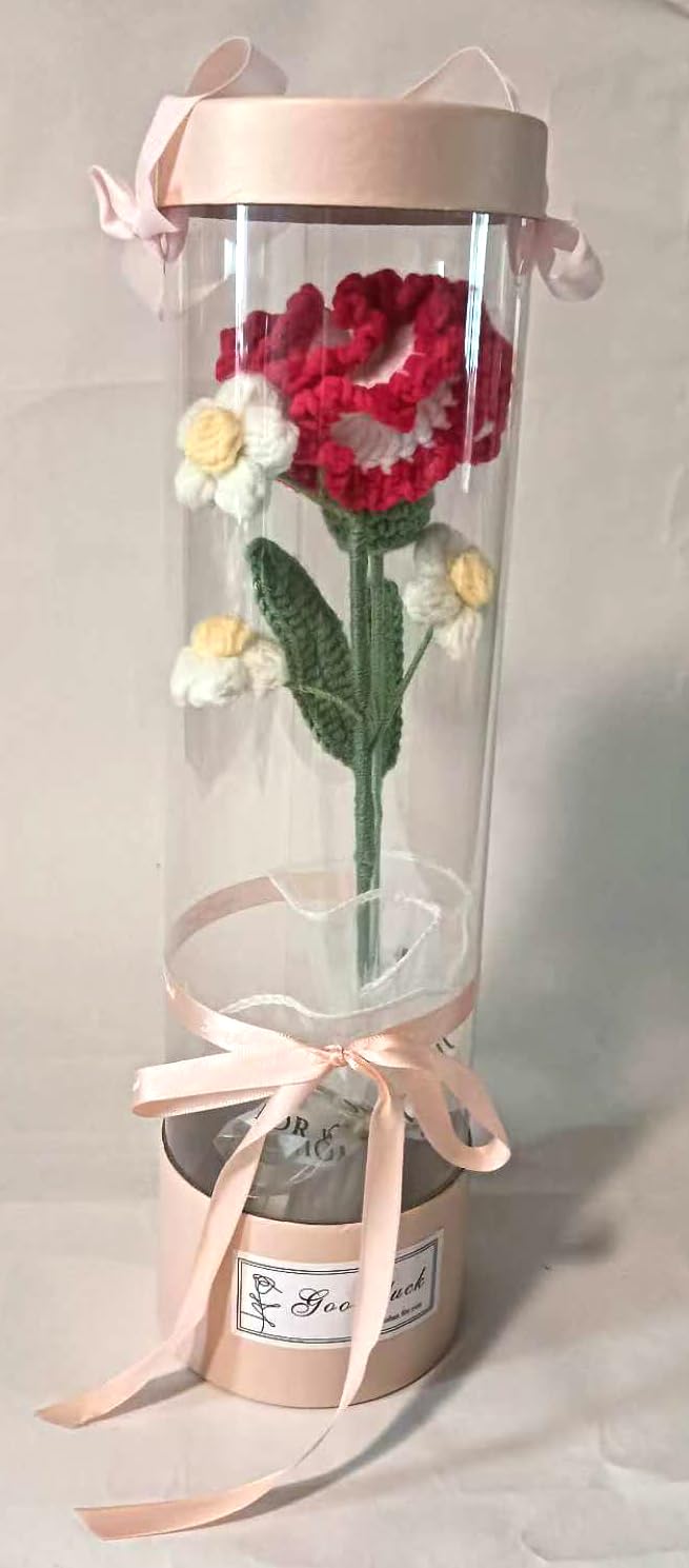 Crochet 4pcs Flowers Gift with box, artificial 1 Carnation and 3 Puff flowers for your lovers, families or friends, handmade forever flowers for home or office decoration (Red and White)