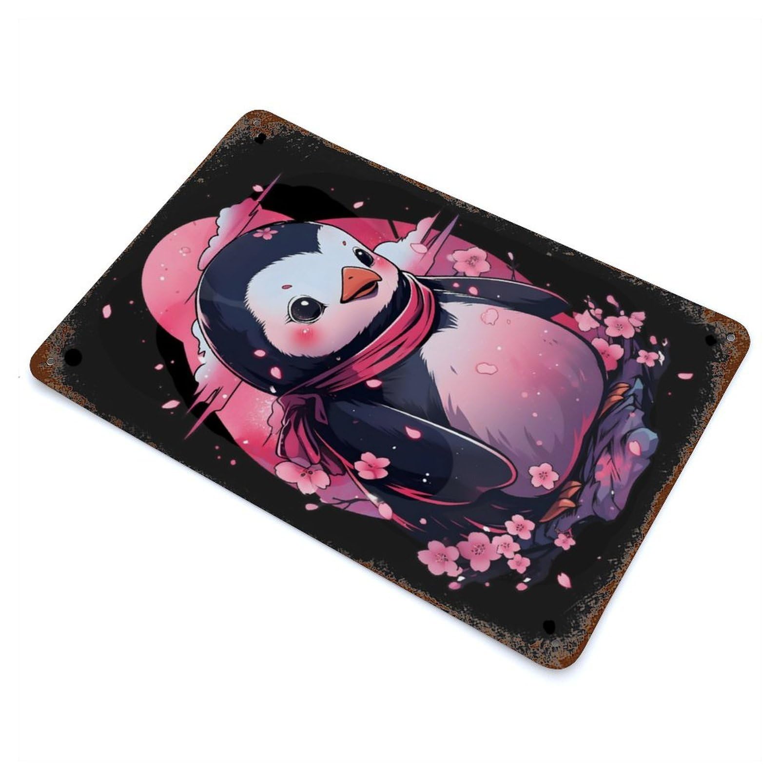 Garage Style Penguin Cherry Blossom Rustic Tin Plaque 11.8"x7.9", Classic Wall Plaque for Bar And Workshop