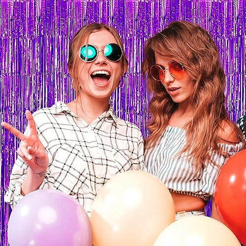 Image of 3 Pack Purple Foil Fringe Curtain Backdrop, 3.28Ft x 9.8Ft Metallic Tinsel Foil Fringe Streamer Curtains for Photo Booth, Christmas Day, Thanksgiving, Wedding, New Year Party Decorations