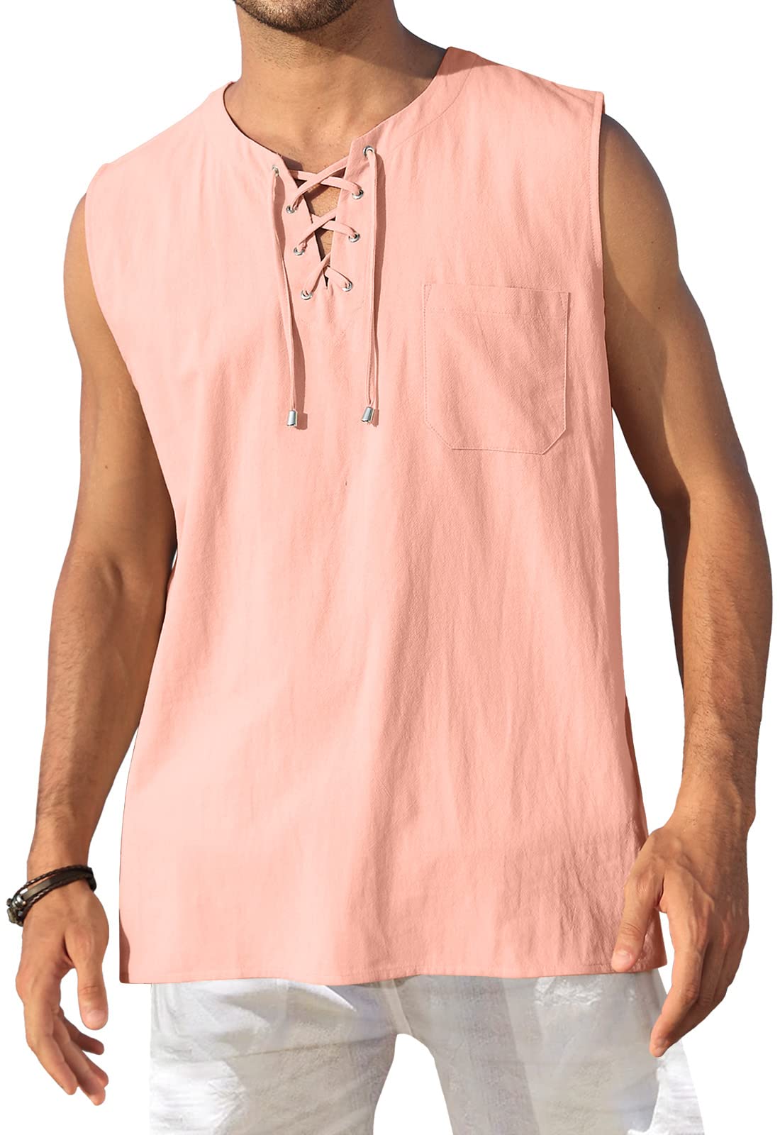 KUYIGO Gilet da uomo in cotone e lino, senza maniche, stile Henley, casual, con lacci, da spiaggia, hippie