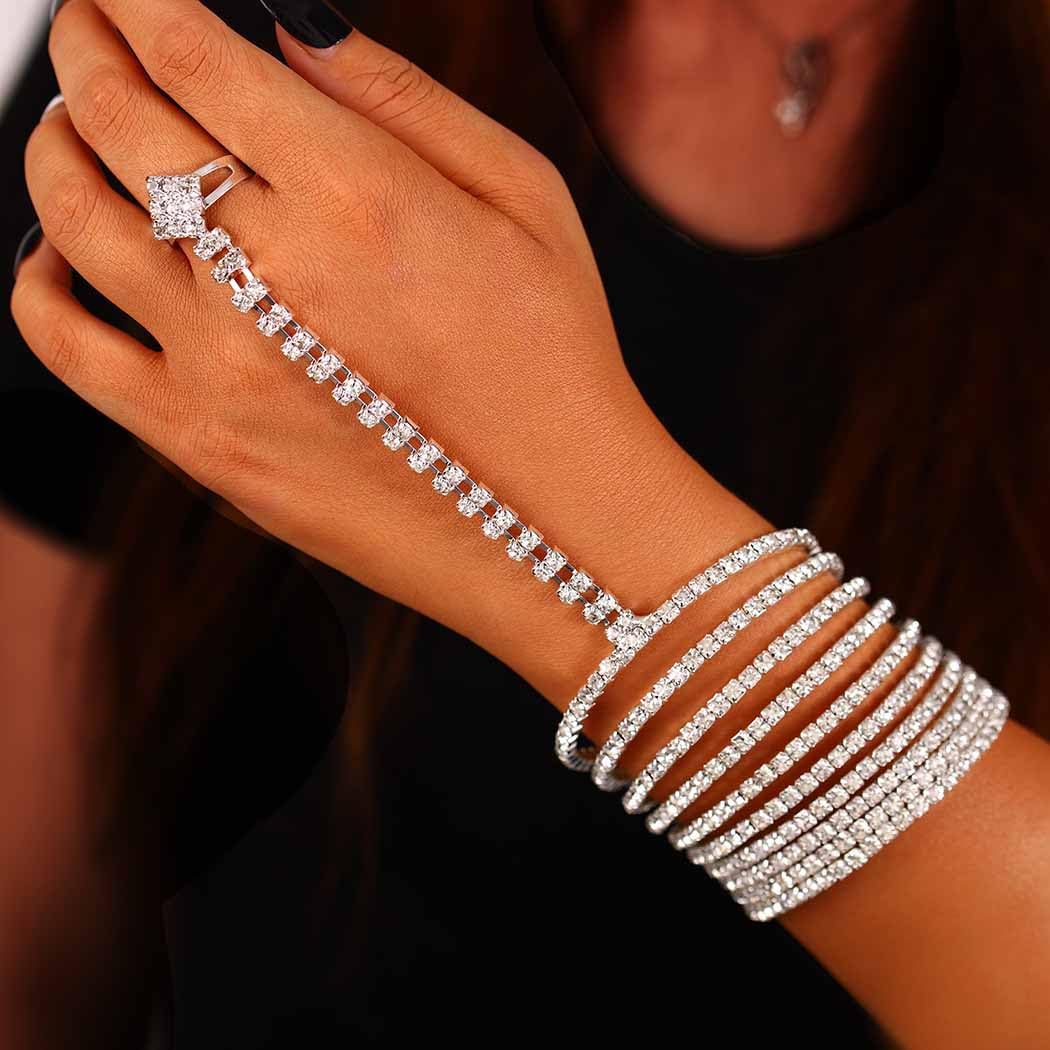 Rhinestone Ring Bracelet Silver Hand Chain Jewelry Sparkle Finger Ring Bracelets Crystal Finger Bangles for Women - Image 7