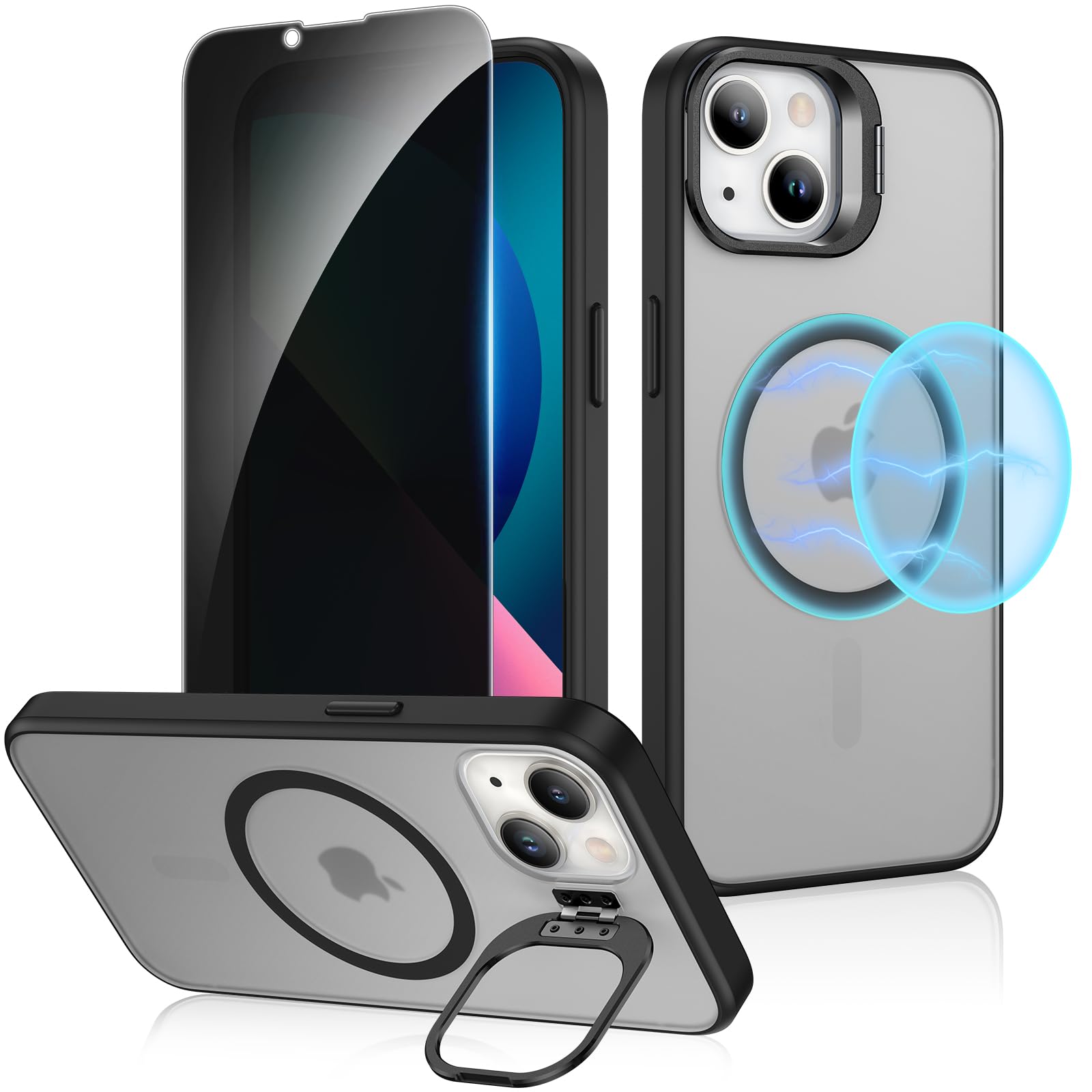Ruky for iPhone 13/14 Case with Privacy Screen Protector, [with Detachable Buttons] Compatible with MagSafe, Translucent Matte Magnetic Phone Cover