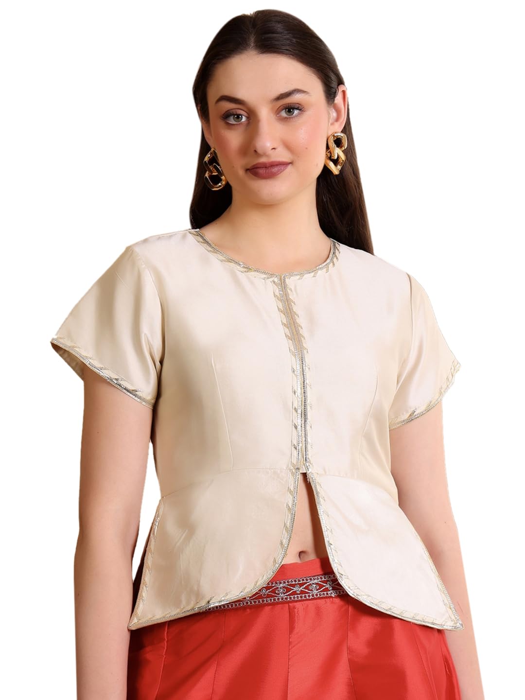 fr frolic rolic Frolic Rolic Lace Detail Solid Cream Silk Blend Round Neck Short Sleeves Blouse-picture-27