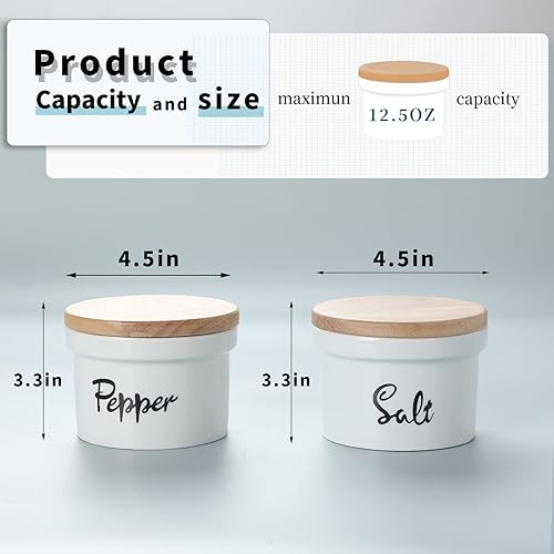 Miniatura 2 de HAOTOP Cuencos de sal y pimienta con tapa de madera, recipiente de cerámica de 12.5 onzas para salero y pimienta para encimera, decoración de cocina