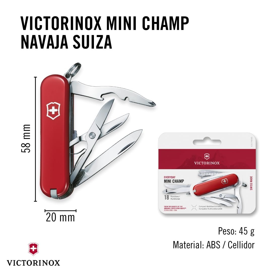 VICTORINOX Navaja suiza de bolsillo Mini Champ, pequeña, Hecha en Suiza, multiherramienta con abrecartas, abrebotellas, pelacables