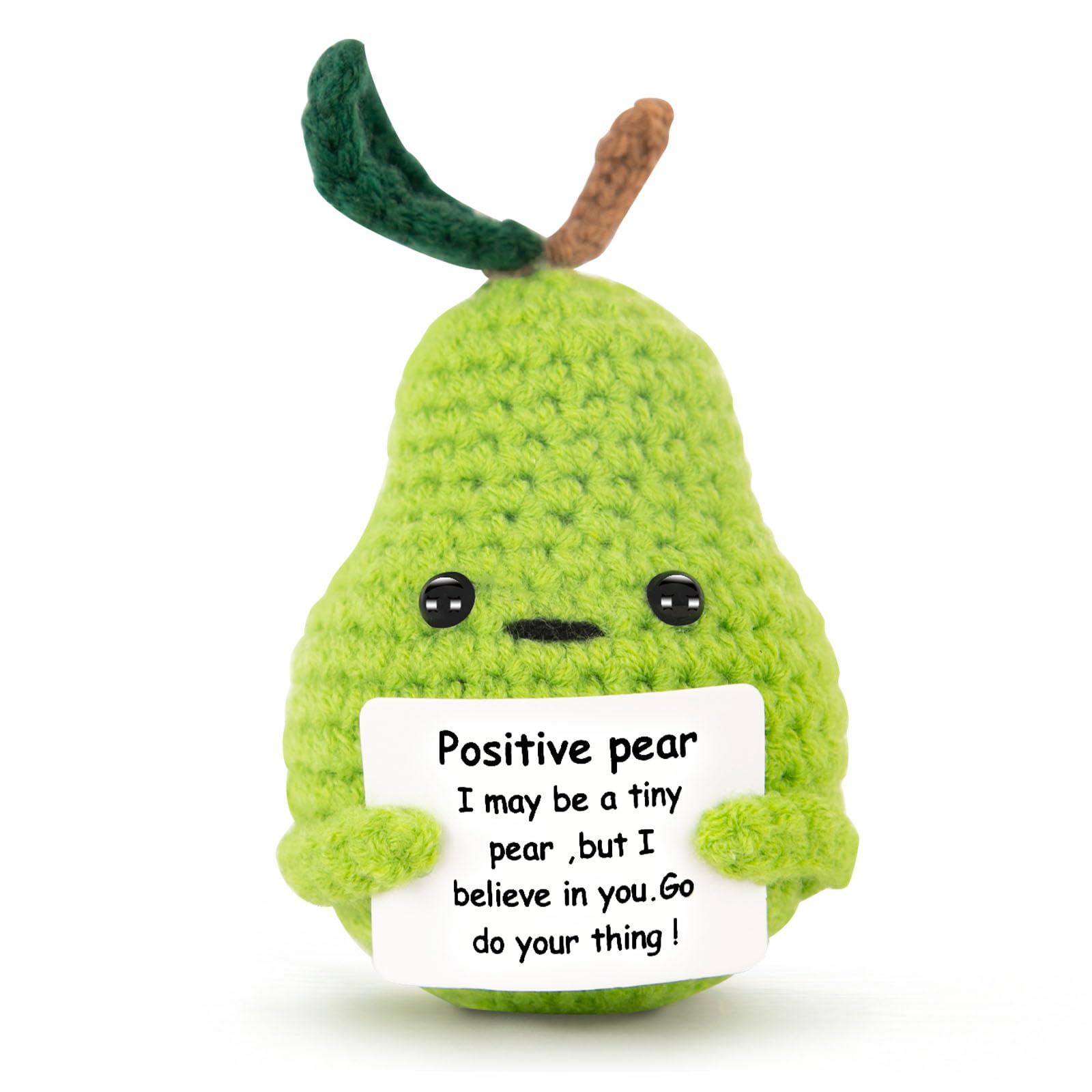 ddLUCK Mini Funny Crochet Gift Pear with Positive Card, Cute Wool Knitted Cheer Up Gifts for Her Him Women Men Friends, Emotional Support Encouragement Presents for Family Party Desktop Decors