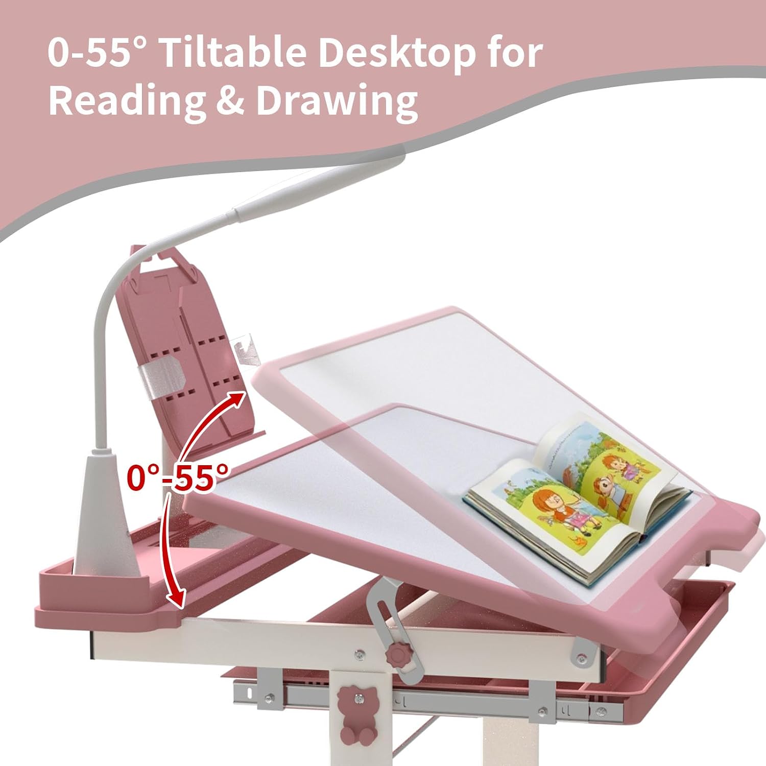 YLGJ&TIDY Kids Desk and Chair Set Height Adjustable Drawing Desk Functional Study Table with 55 Tilt Desktop, Writing Board, Pen Slot, 3 Mode LED Light, Storage Drawer, Hook, Book Stand (Pink)