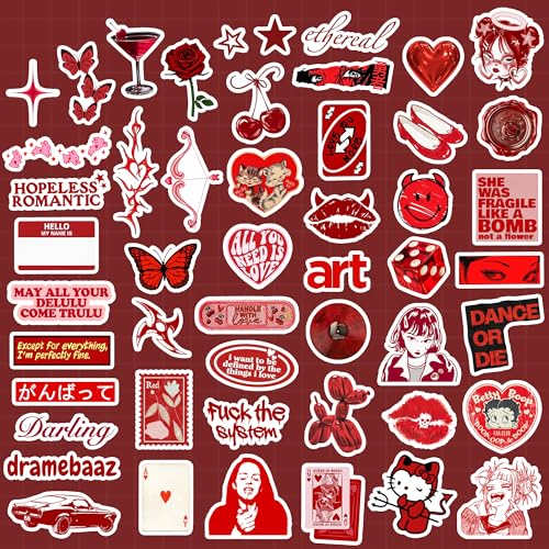 Image of Red Aesthetic Sticker Pack (55+ Pieces) | Bold Red Vibes | Glossy Premium Vinyl | Waterproof, Scratch & Fade Resistant | Stickers for Laptop, Bottle, Phone & Bike