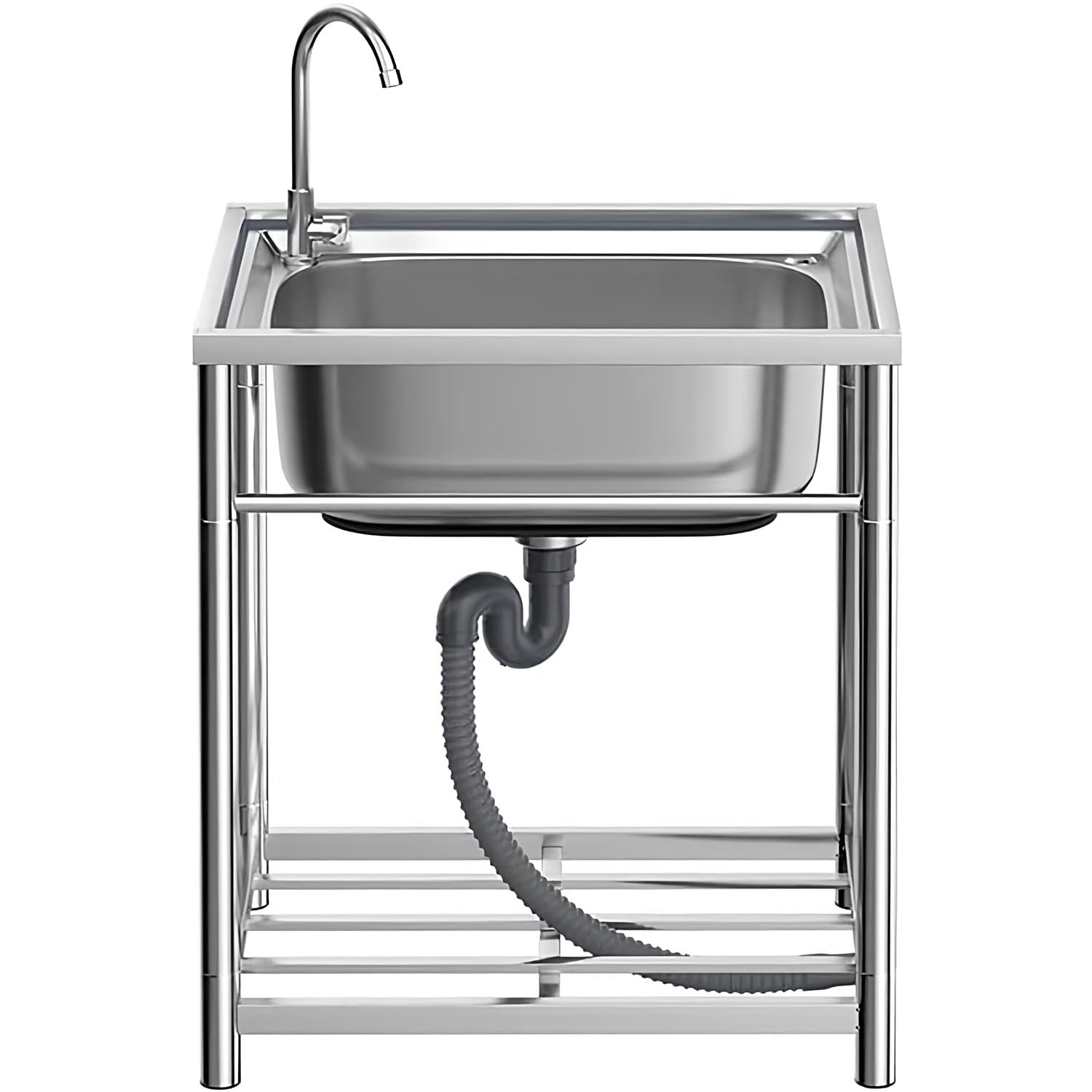 Fregadero de cocina exterior INOX,Fregadero lavadero 1 bandeja, acero inoxidable independiente con grifo, accesorios de drenaje y estante de almacenamiento, para jardín, restaurante, garaje, lavadero
