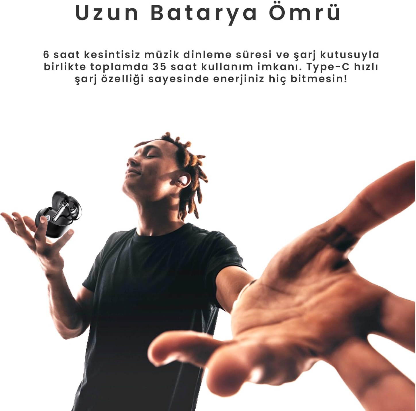 Person listening to music with earbuds, illustrating long battery life.