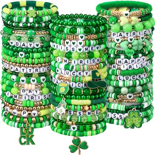 Landical 64 Pieces St. Patrick's Day Bracelets Bulk Beaded Favor Irish Lucky Leaf Shamrock Bracelet Pack Green Stackable Friendship Jewelry for Gifts Goody Bag Fillers Party Supplies