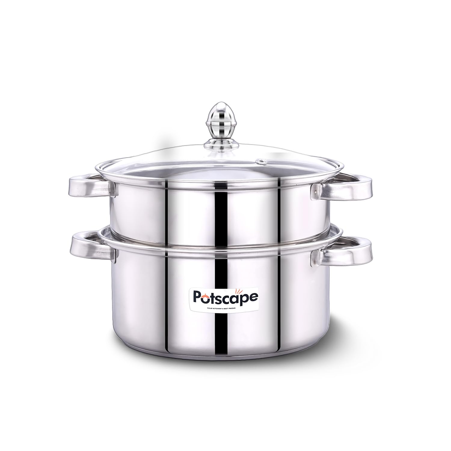 Potscape Stainless Steel Cruise Double Decker 2-Tier Steamer 20 cm Capacity 2 LTR | Gas and Induction Compactible | Dishwasher Safe | Multi Cooking Momos, Modak Maker Steamer | 2 Year Warranty.