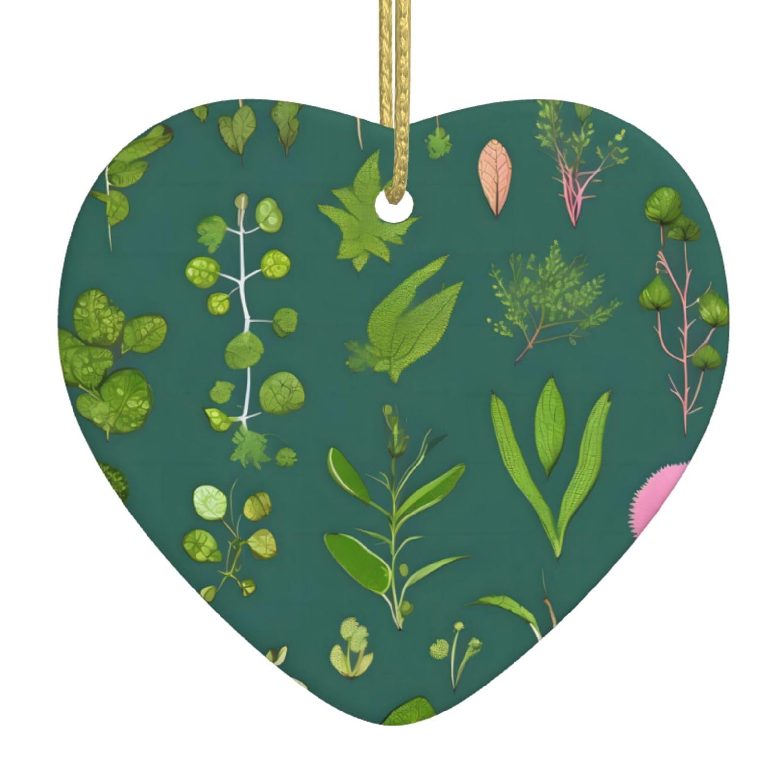 Flowers and Plants Ceramic Christmas Heart Pendant with Silk Thread, Christmas Tree Home Decoration