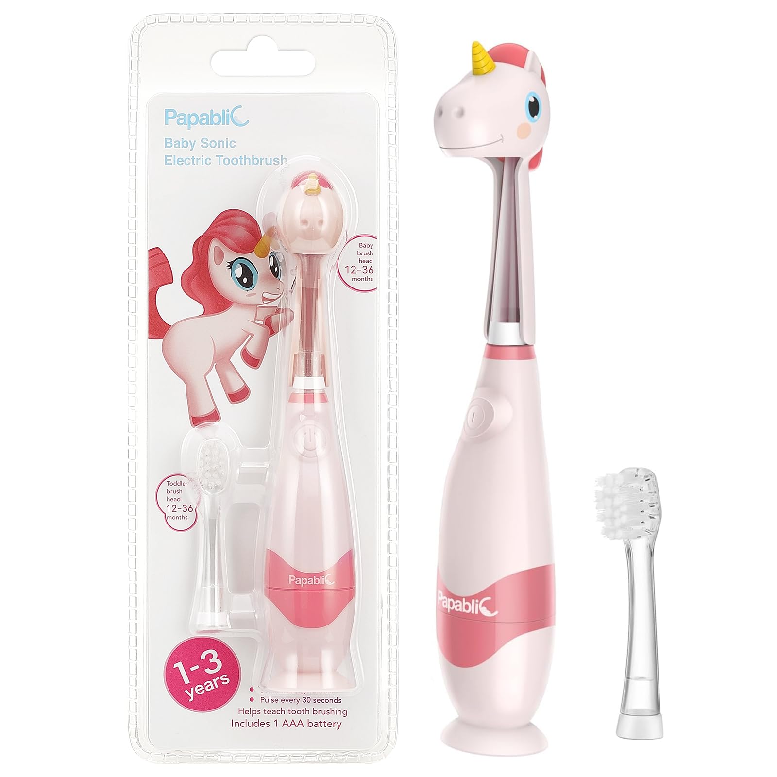 Papablic Toddler Electric Toothbrush for Age 2-4, Pink Unicorn Doris