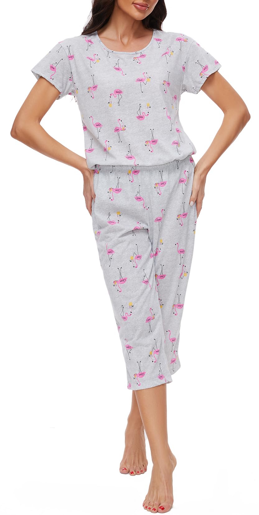 CHUNG Women Cotton Pajama Sets Sleepwear pjs Short Sleeve Shirt Capri Length Crop Pants Cute Vivid Print