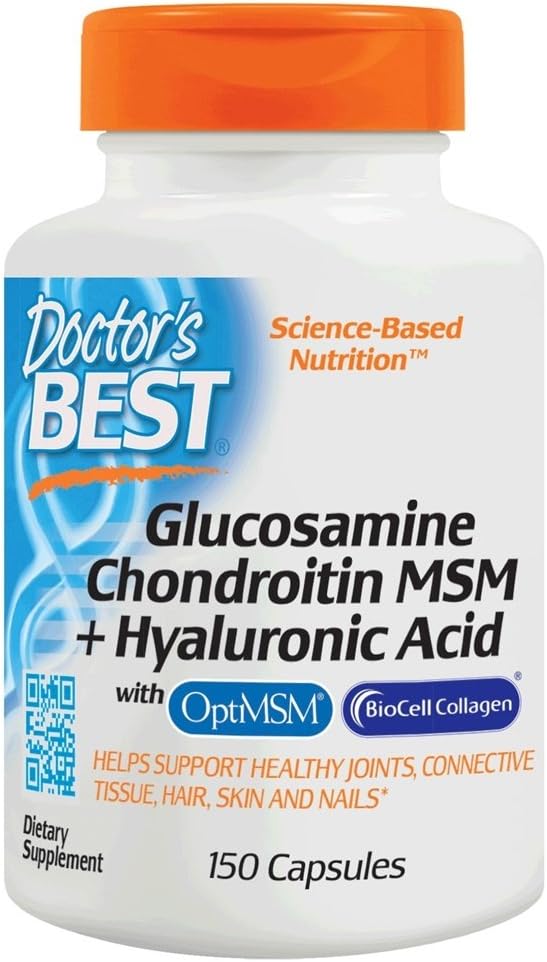 Doctor's Best Glucosamine Chondroitin MSM + Hyaluronic Acid with OptiMSM Featuring Biocell Collagen, Joint Support, Non-GMO, Gluten & Soy Free, 150 Caps