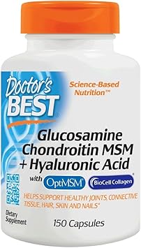 Doctor's Best Glucosamine Chondroitin MSM + Hyaluronic Acid with OptiMSM Featuring Biocell Collagen, Joint Support, Non-GMO, Gluten & Soy Free, 150 Caps