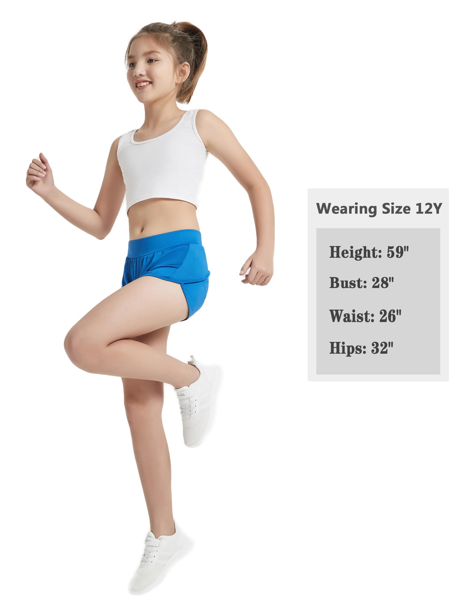 EXARUS - Paquete de 4 pantalones cortos deportivos para correr para niñas, tiro bajo/cintura alta, pantalones cortos de baloncesto activos, 6-14 años